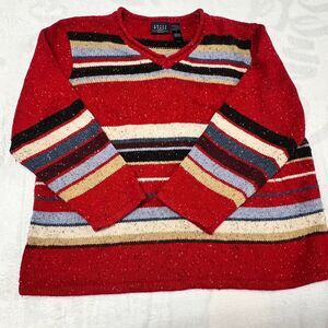 Crazy Horse Striped Sweater V-Neck‎ Pullover Knit Colorful Red Acrylic Size 3